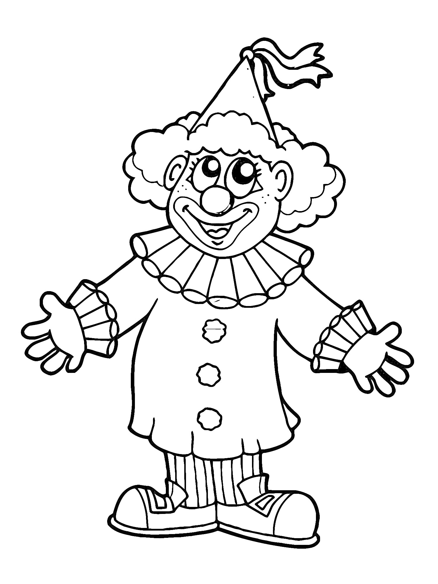 Раскраска Клоун с шапочкой, кудрявыми волосами и крупными пуговицами на костюме