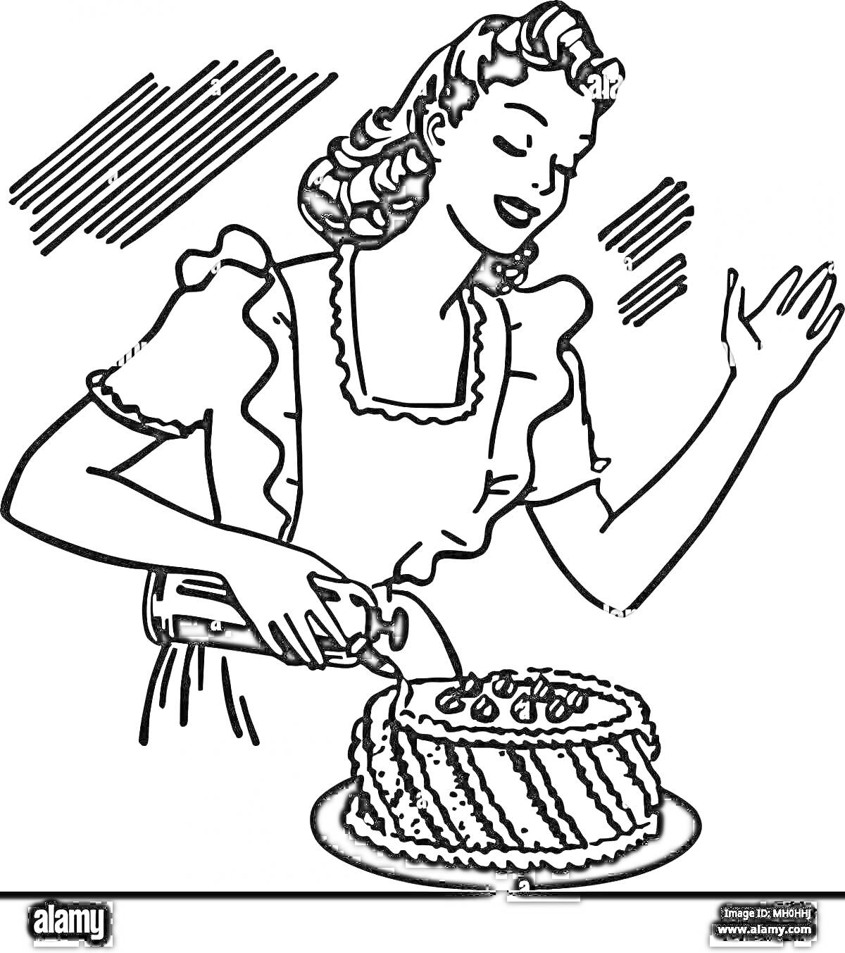 Раскраска Домохозяйка украшает торт