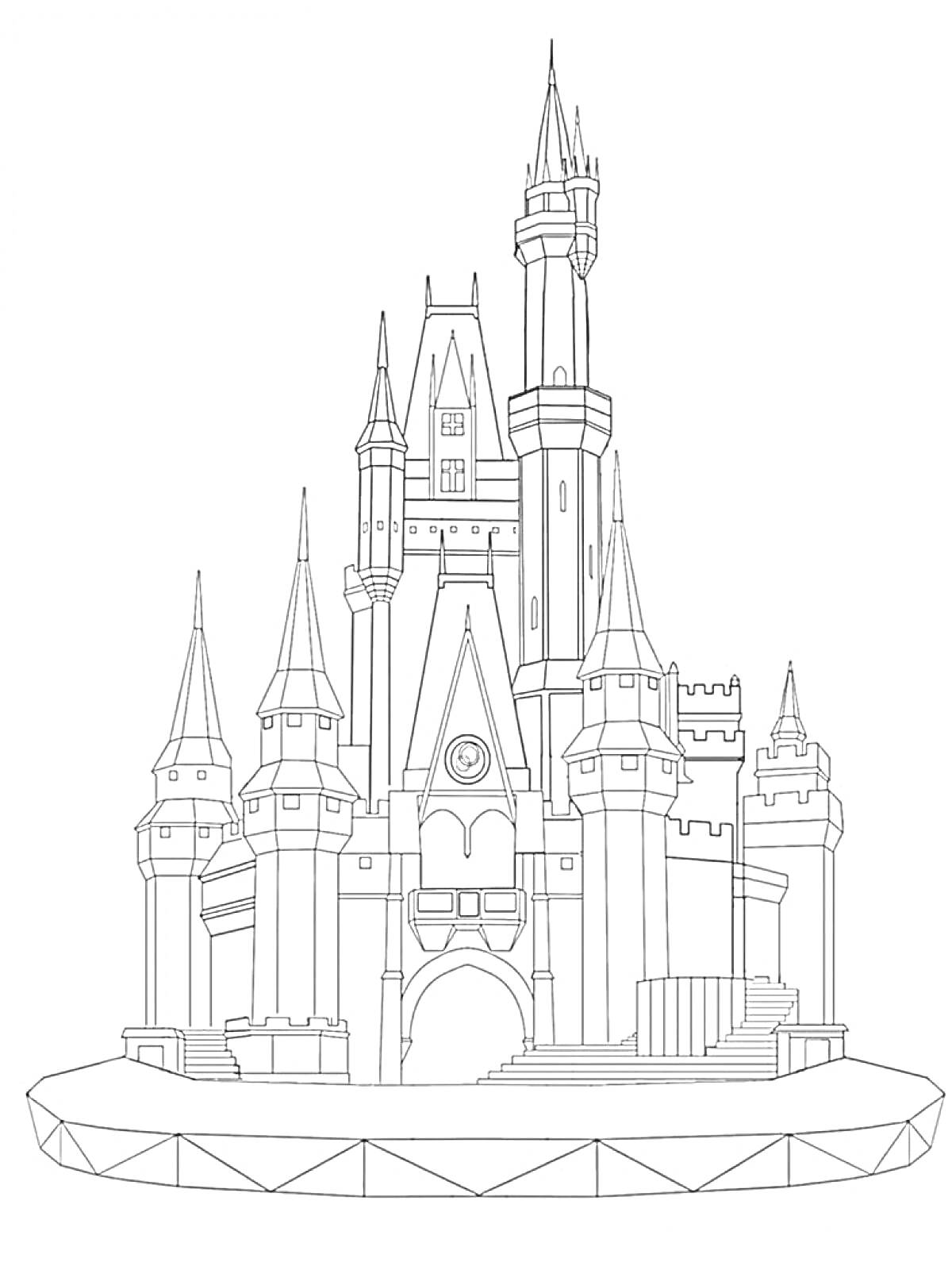 Раскраска Замок с высокими башнями, ступенями и арочным входом