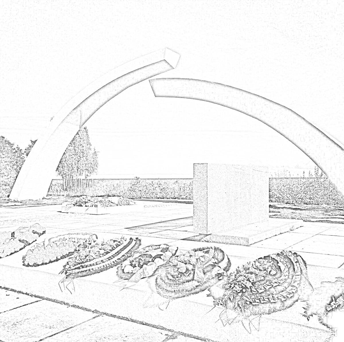 Раскраска Мемориал разорванное кольцо с аркой, гранитной плитой и венками на полу