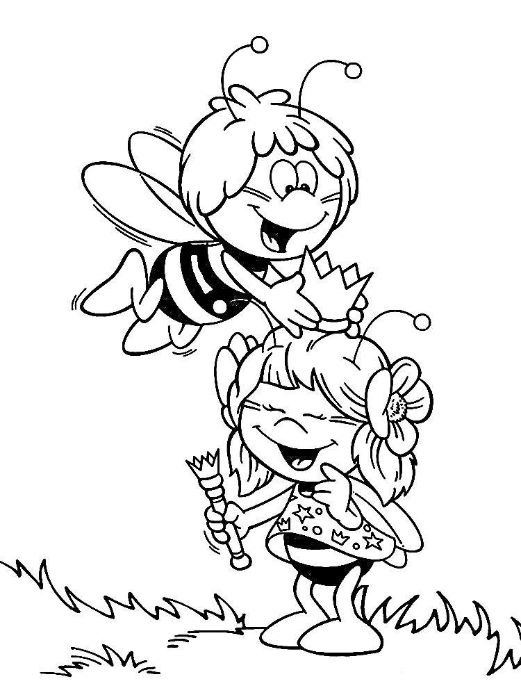 Раскраска Пчелка Майя надевает корону на другую пчелку с цветком в волосах, держащей скипетр