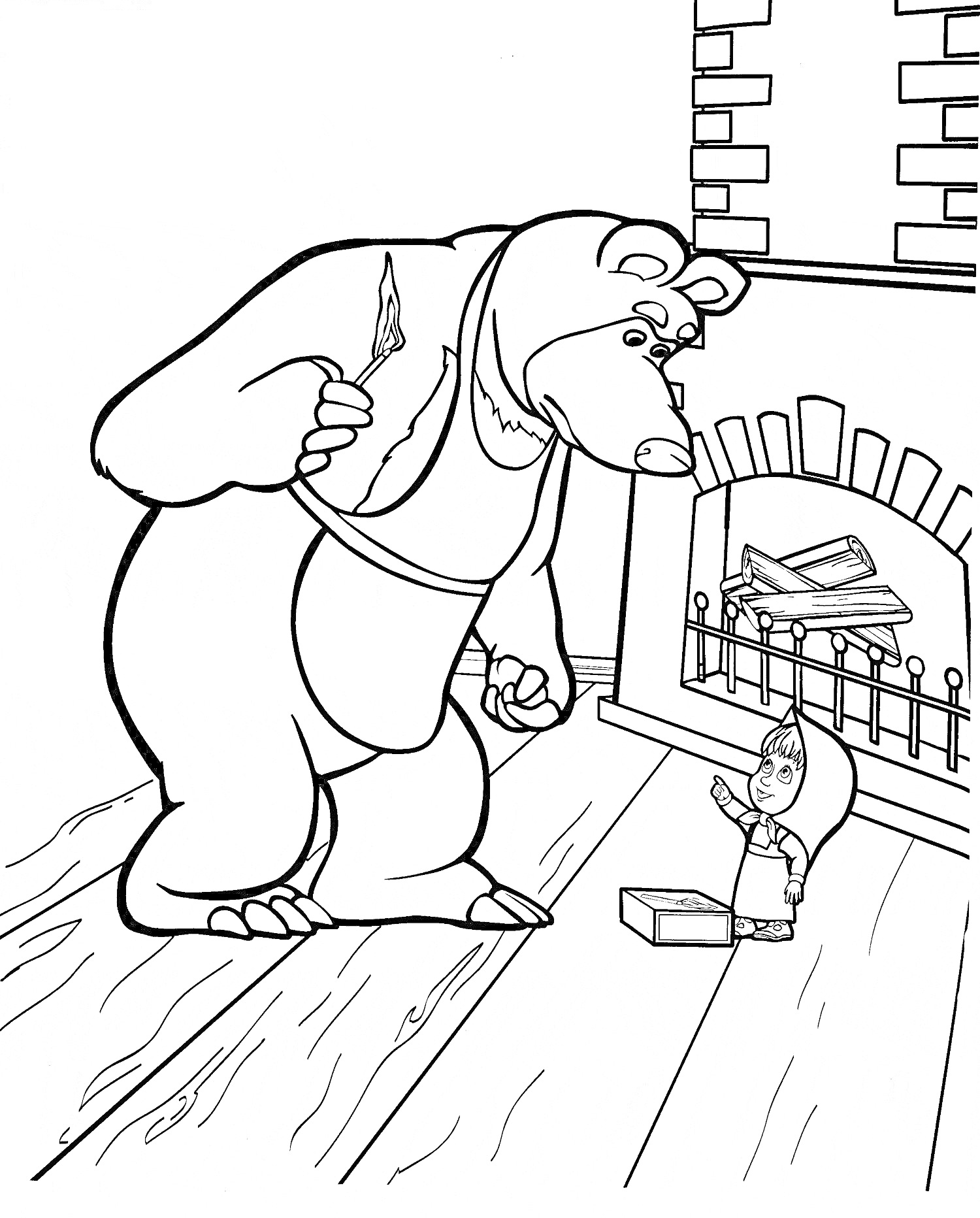 Раскраска Маша и Медведь в доме возле камина и коробки