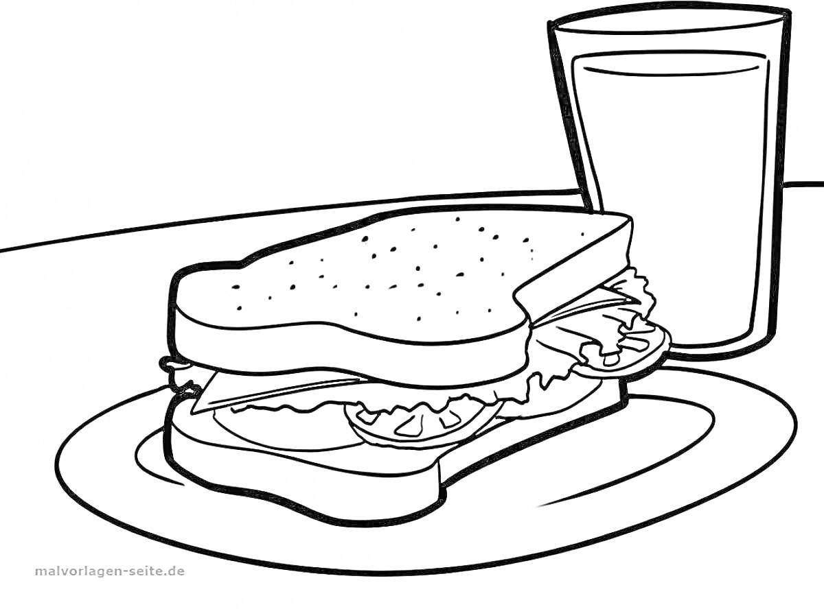 На раскраске изображено: Завтрак, Сэндвич, Овощи, Напиток, Сок, Тарелка, Стол, Кухня, Еда