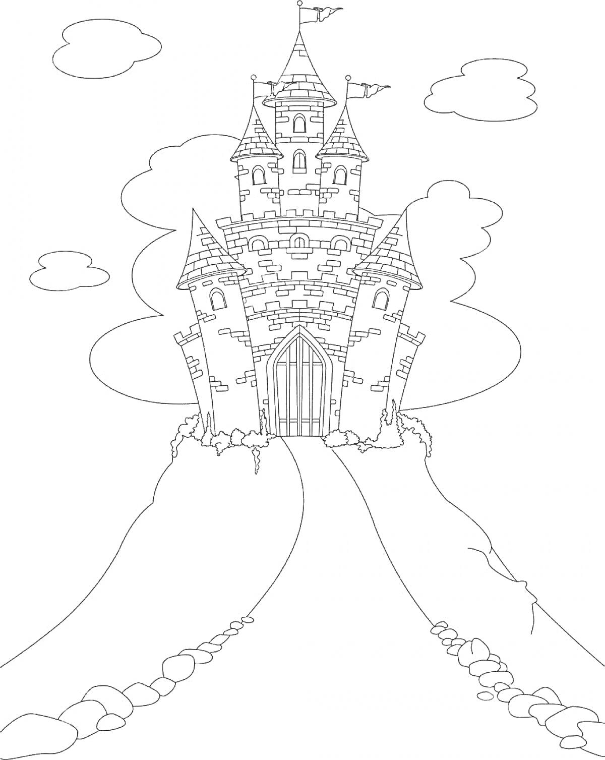 На раскраске изображено: Дворец, Снежная королева, Облака, Ворота