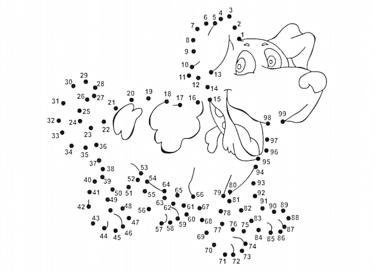 На раскраске изображено: По точкам, Сложные, Собака, Цифры