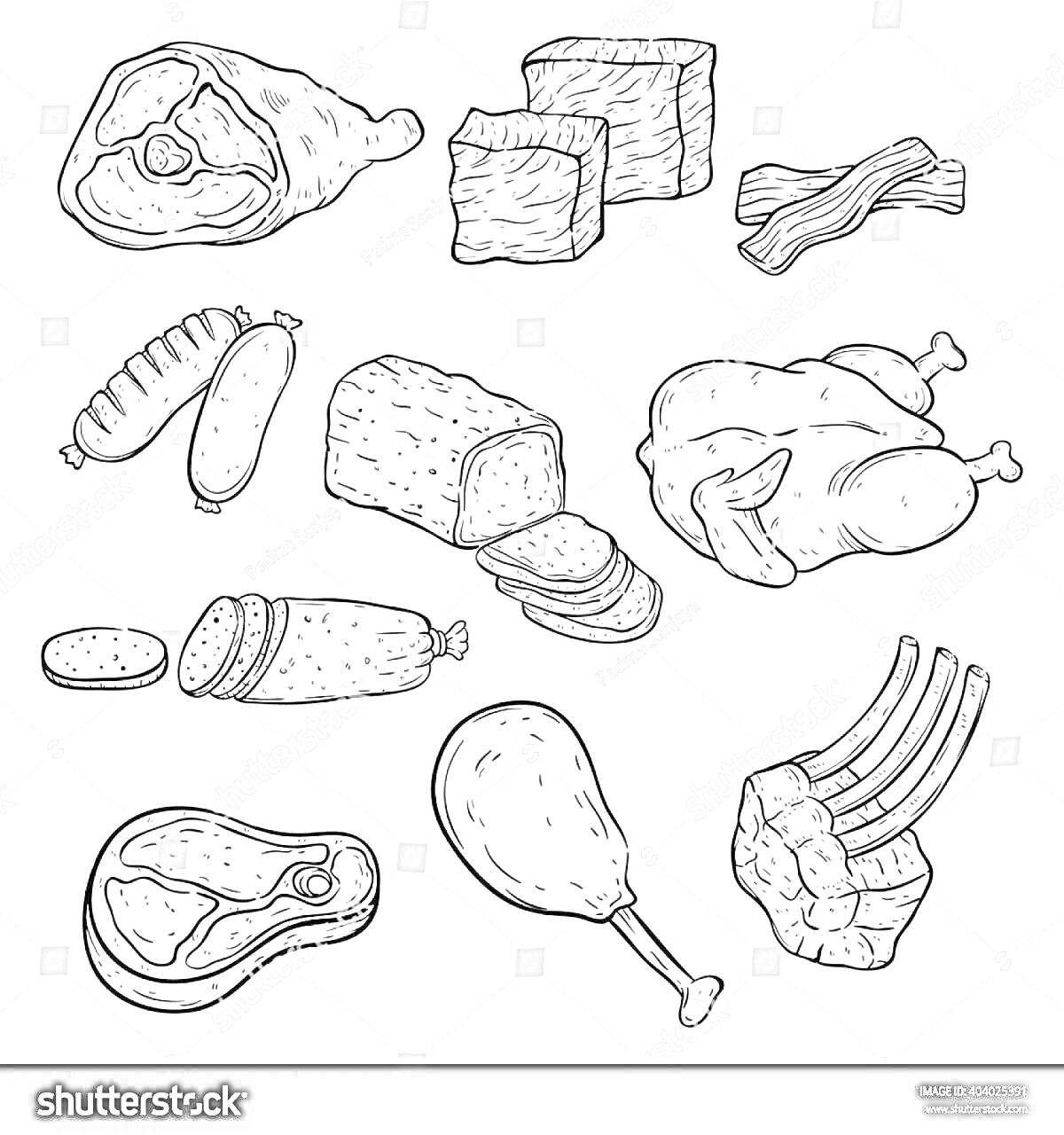 На раскраске изображено: Мясо, Бекон, Колбаса, Куриная ножка, Еда, Кулинария