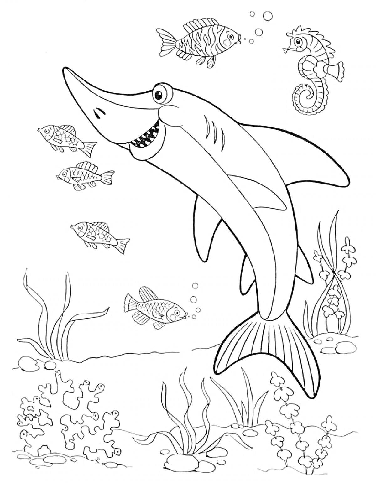 На раскраске изображено: Морской конек, Водоросли, Кораллы, Море, Подводный мир, Животные, Акулы, Рыба, Морские животные