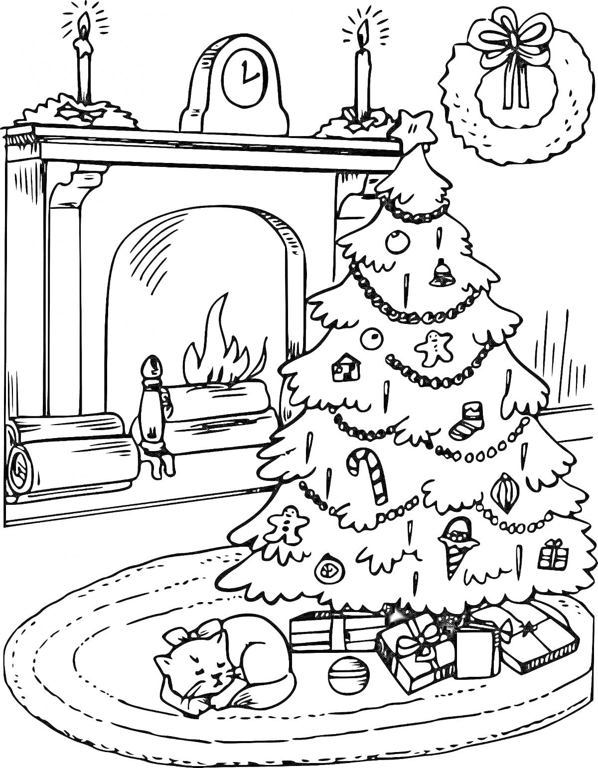 На раскраске изображено: Камин, Подарки, Кот, Игрушки, Свечи, Часы, Елки