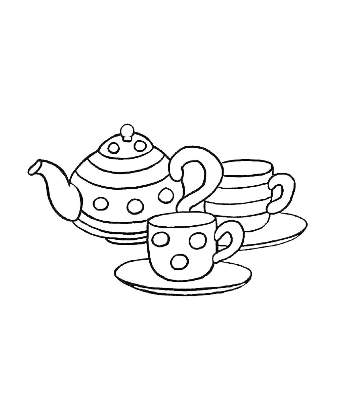 На раскраске изображено: Посуда, Сервировка, Напиток, Блюдца, Кружки, Чайники