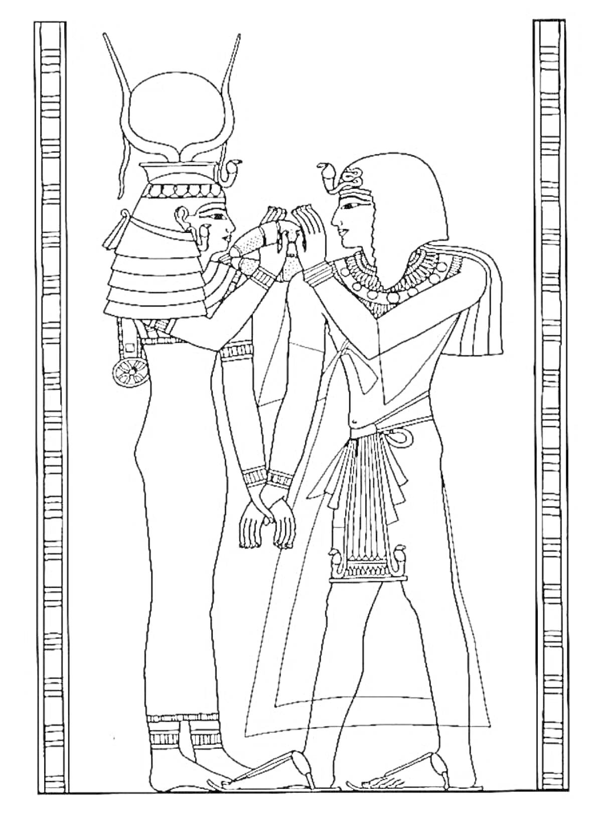 Раскраска Фараон Древнего Египта и божество с головным убором и крылатыми дисками, окружённые декоративной рамкой