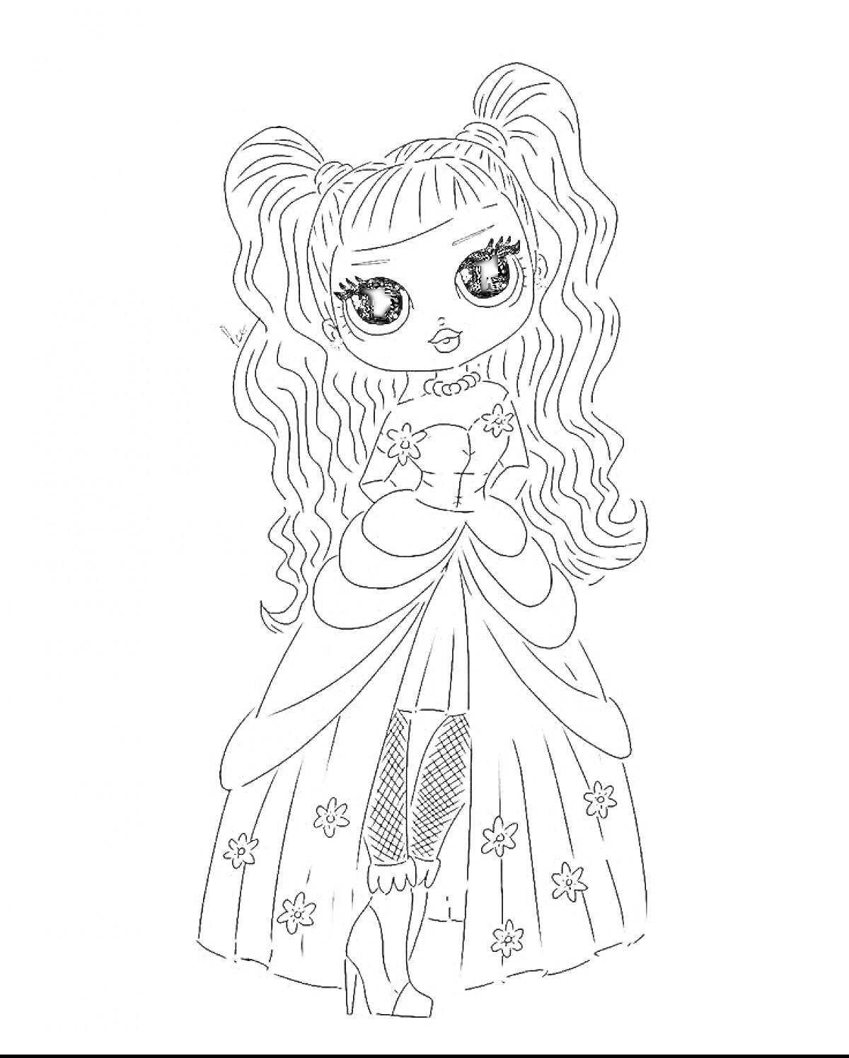 персонаж L.O.L. OMG, девушка с длинными волнистыми волосами, в платье с цветочным узором, на высоких каблуках и в колготках в сеточку