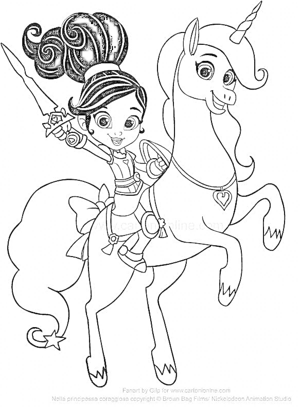На раскраске изображено: Принцесса, Меч, Из сказок, Волшебство, Для детей, Единороги