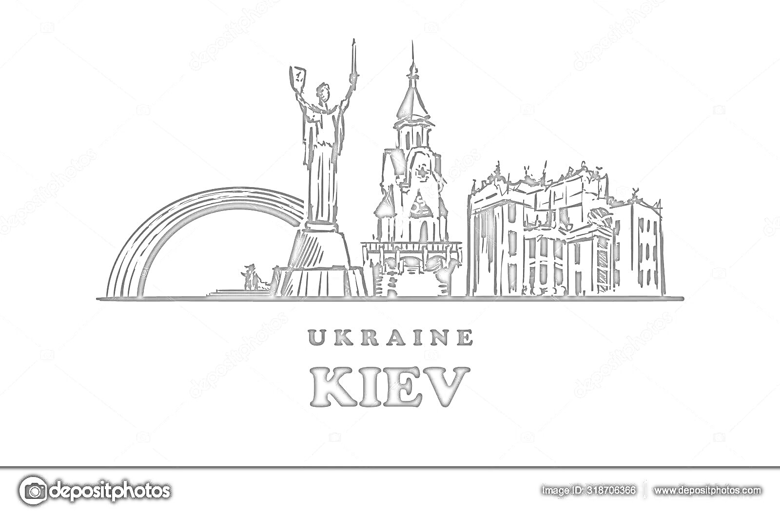 На раскраске изображено: Киев, Родина-Мать, Арка, Дружба народов, Архитектура, Достопримечательности, Украина