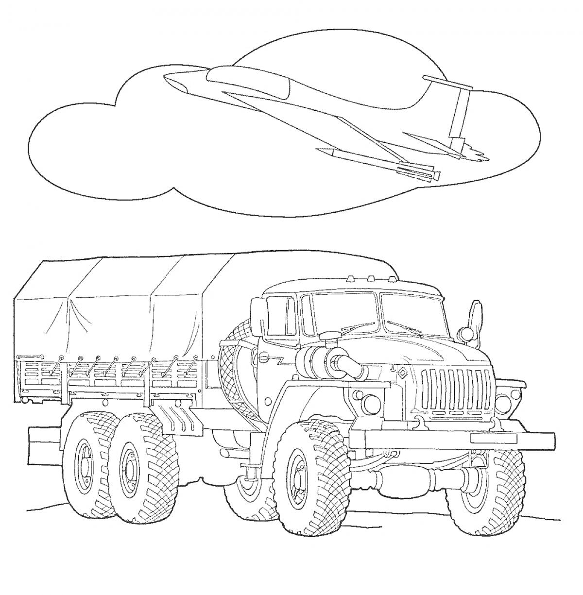 Раскраска Военный Урал под тентом с самолетом в облаках