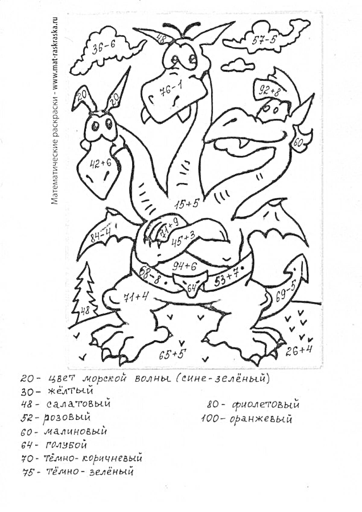На раскраске изображено: Дракон, Три головы, Сложение, Вычитание, Математика, Примеры, 2 класс, Облака