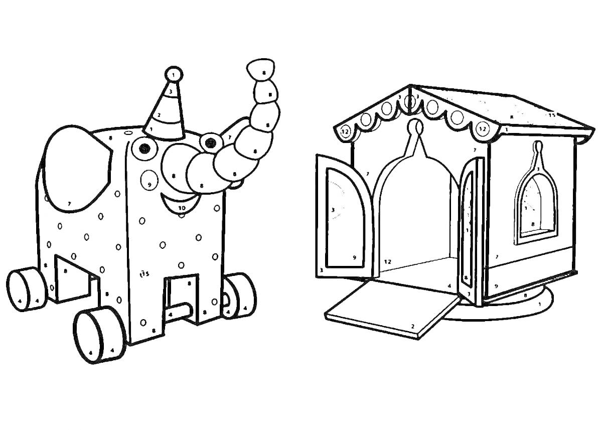 Раскраска Деревянный слон с шапочкой и сказочный домик с открытыми дверями