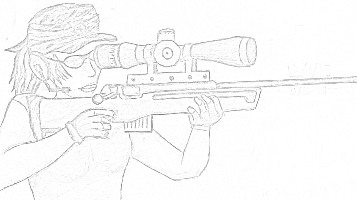 Раскраска Снайпер-женщина в шляпе и очках из PUBG, готовая к стрельбе