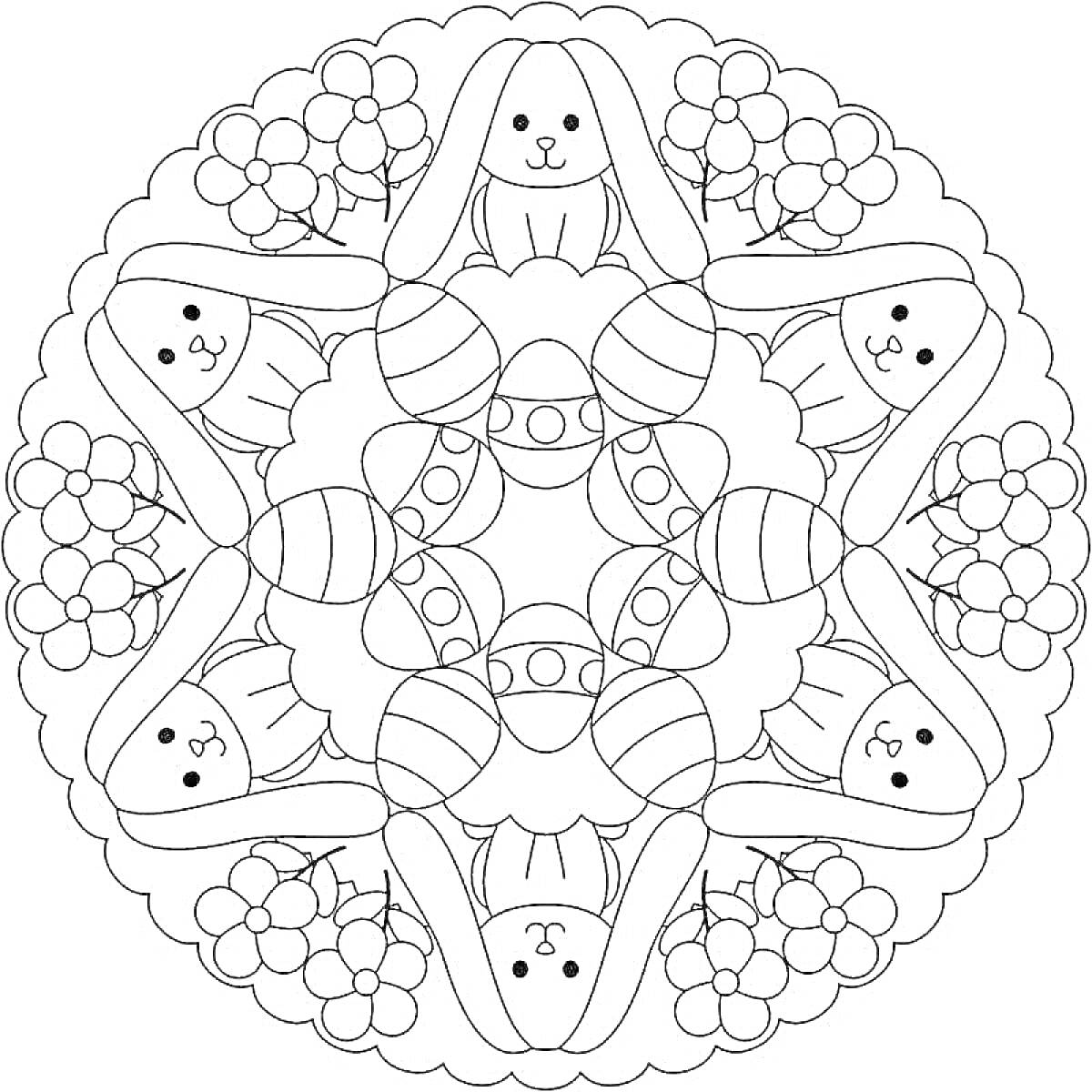 На раскраске изображено: Мандала, Пасхальные яйца, Цветы, Круговой узор, Пасха