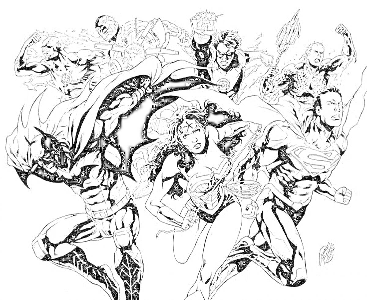 На раскраске изображено: DC, Супергерои, Бэтмен, Чудо-женщина, Супермен, Флэш, Зеленый Фонарь, Аквамен, Действие