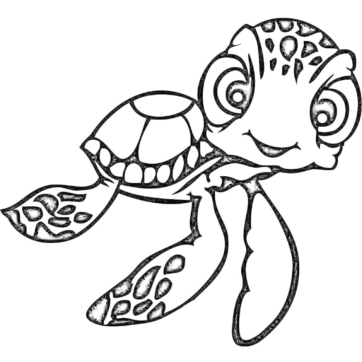 На раскраске изображено: Морская черепаха, Панцирь, Ласты, Пятна, Крупные глаза, Контурные рисунки