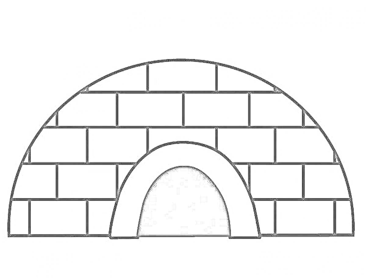 Раскраска Иглу с закрашенным входом и узором из кирпичиков