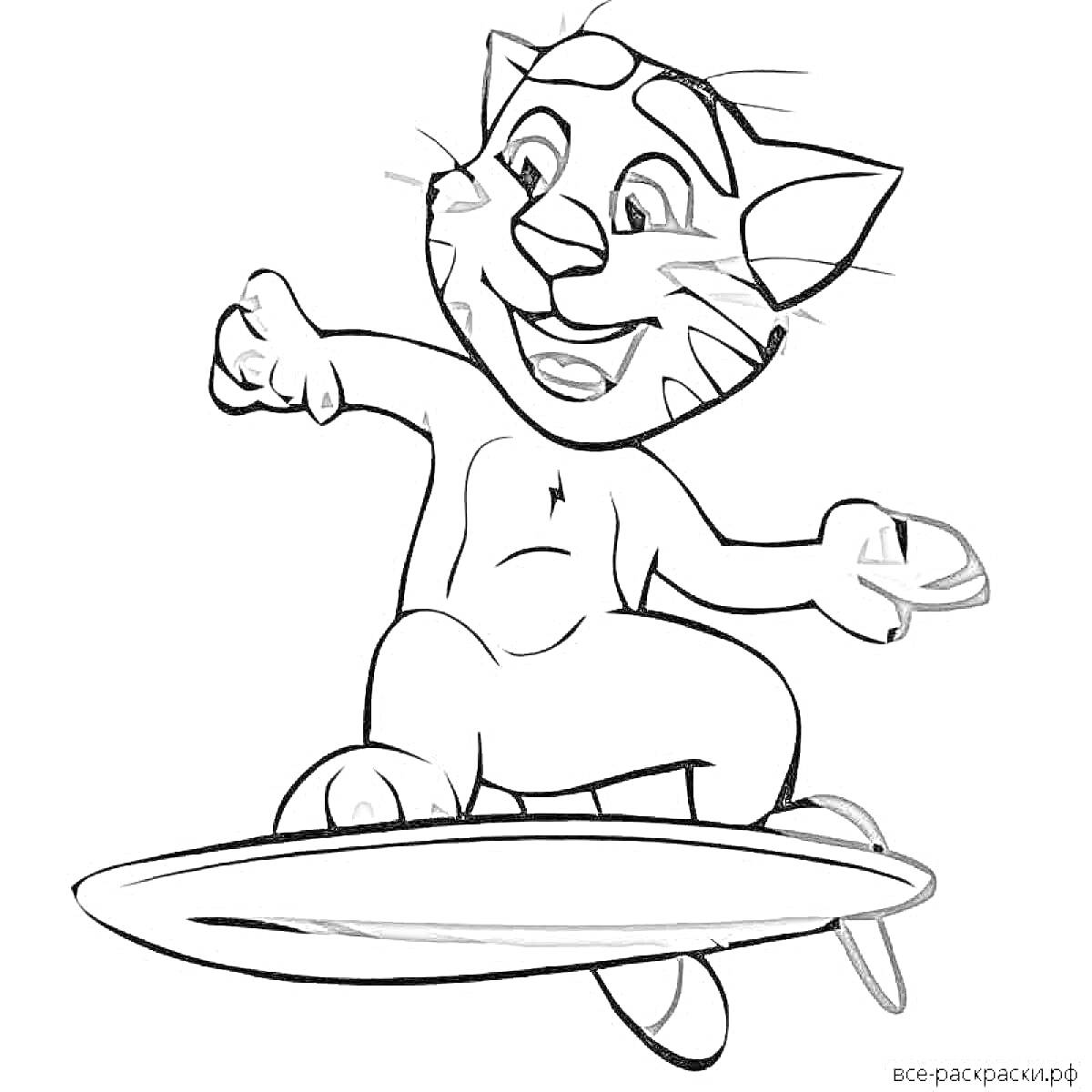 Раскраска Кот Том на серфе