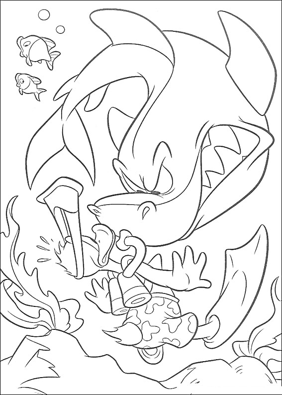 Раскраска Утиные истории: утенок в маске и ластах под водой защищается гаечным ключом от акулы, рыбы подплывают сзади