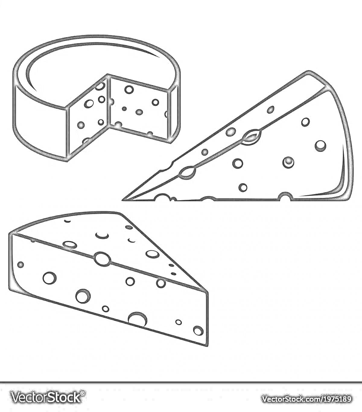 Раскраска Три куска сыра: круглый сыр с вырезанным куском, треугольный кусок сыра, трапециевидный кусок сыра