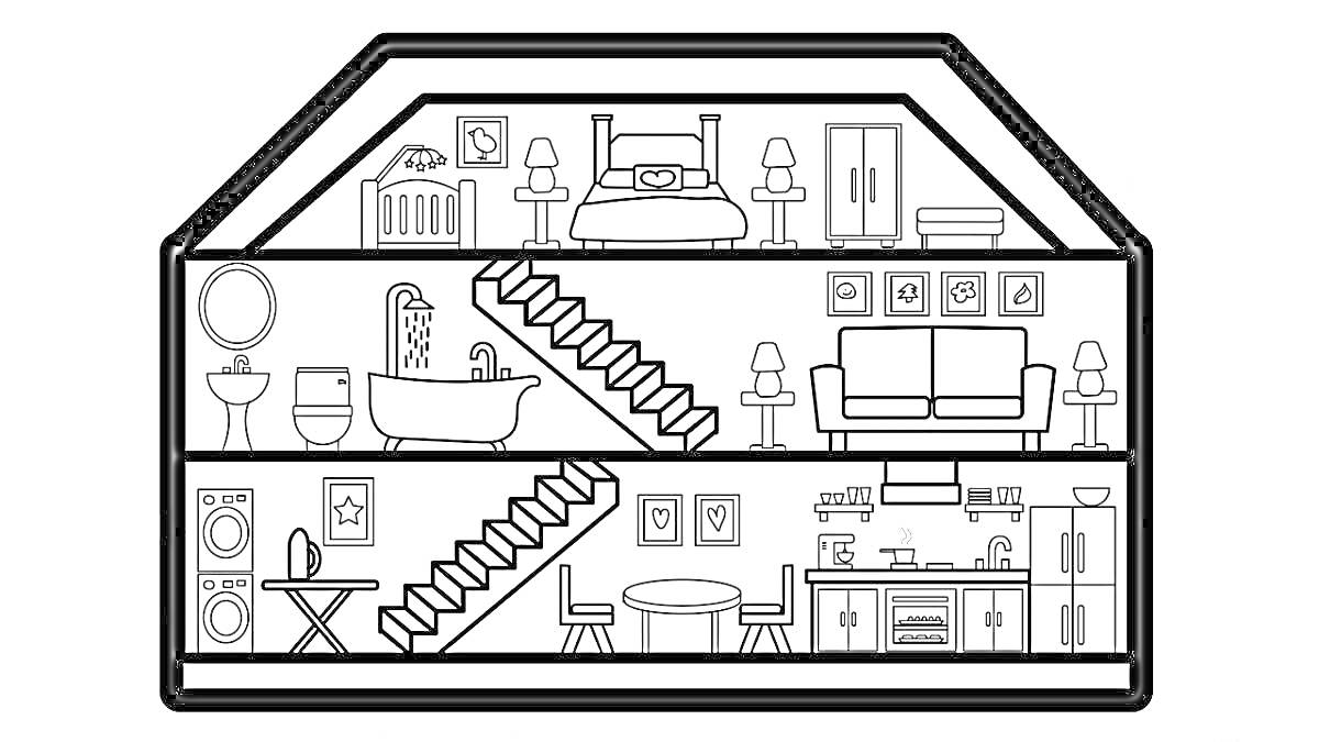 На раскраске изображено: Домик лол, Спальня, Гостиная, Кухня, Ванна, Унитаз, Лестница, Диван, Шкаф, Телевизор, Стол, Лампа, Холодильник, Плита, Стиральная машина