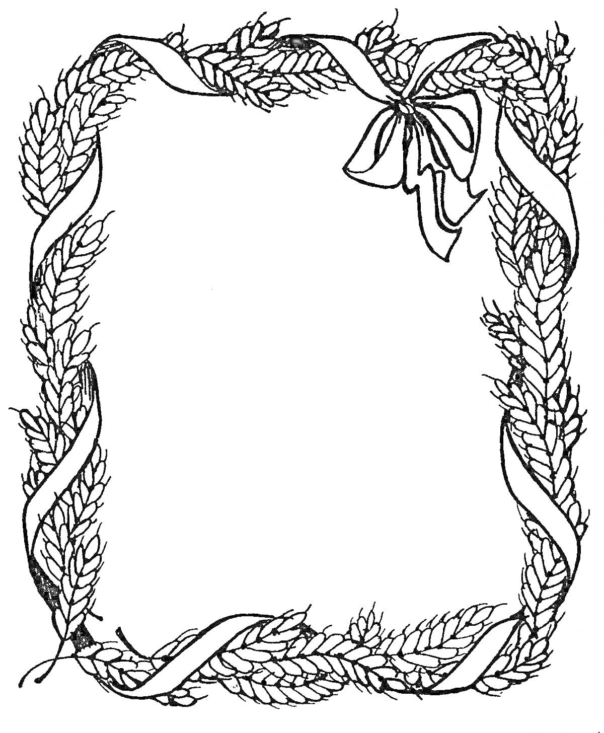 Раскраска Георгиевская ленточка и пшеничные колосья, обрамляющие пустую рамку