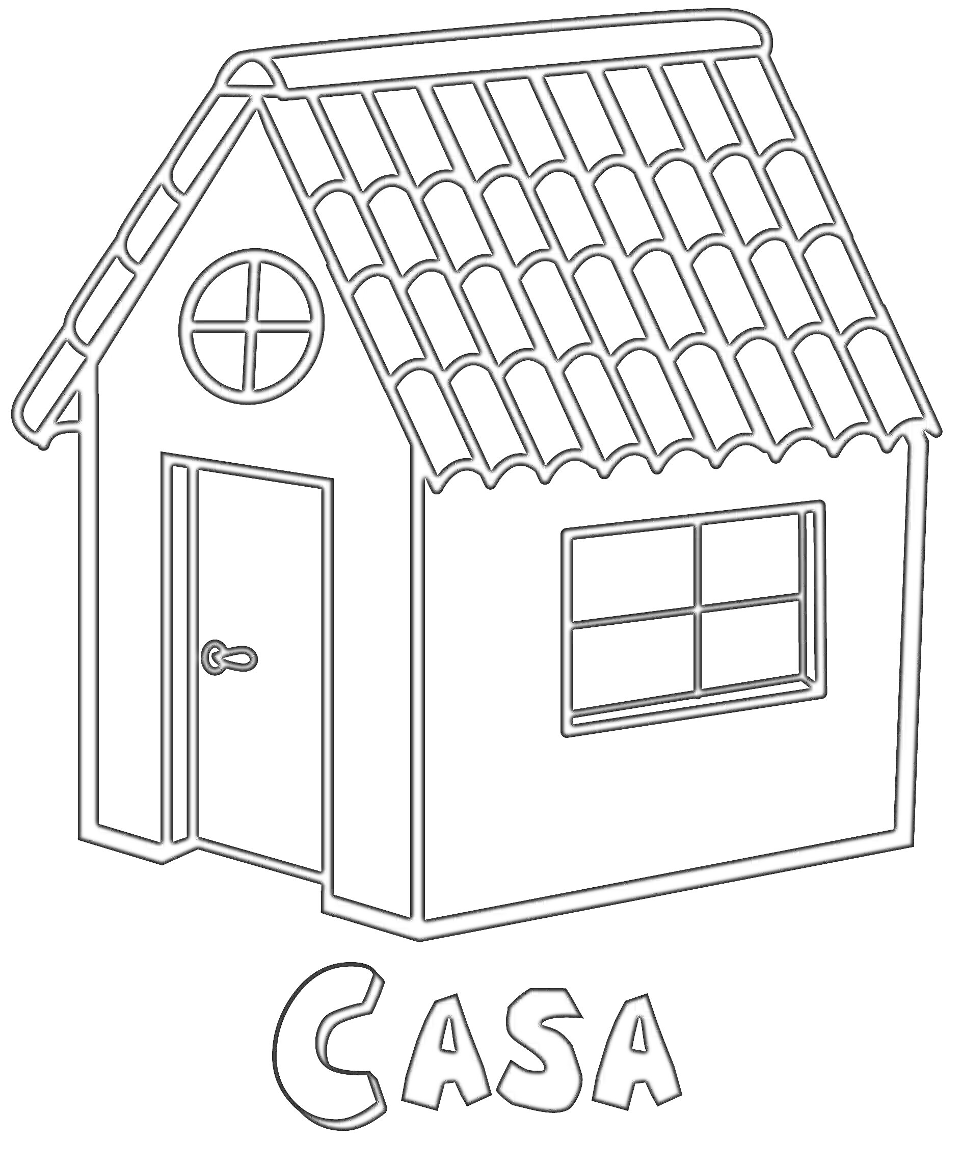 На раскраске изображено: Дом, Черепичная крыша, Дверь, Архитектура, Окна