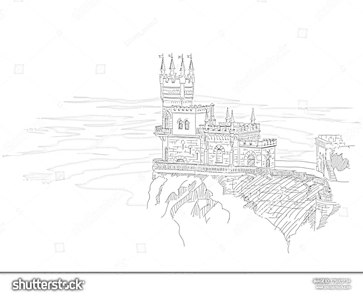 На раскраске изображено: Ласточкино гнездо, Крым, Замок, Башни, Скалы, Море, Утёс, Архитектура, Небо, Пейзаж