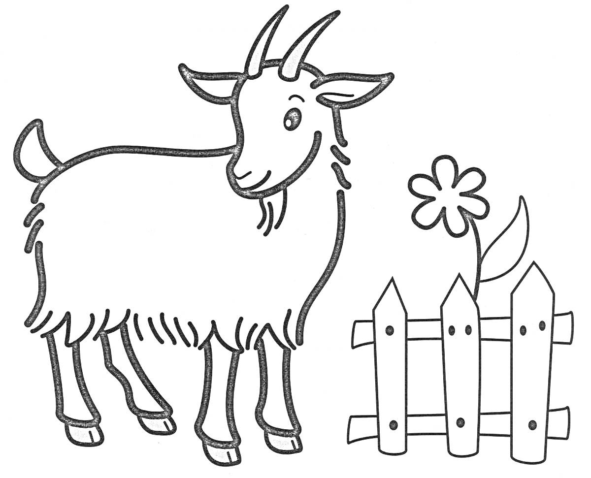 На раскраске изображено: Забор, Домашние животные, Природа, Для детей, Цветы, Козел