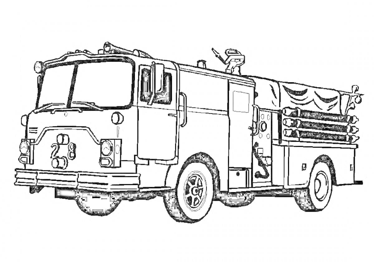 Раскраска Пожарная машина с пожарными лестницами и огнетушителями