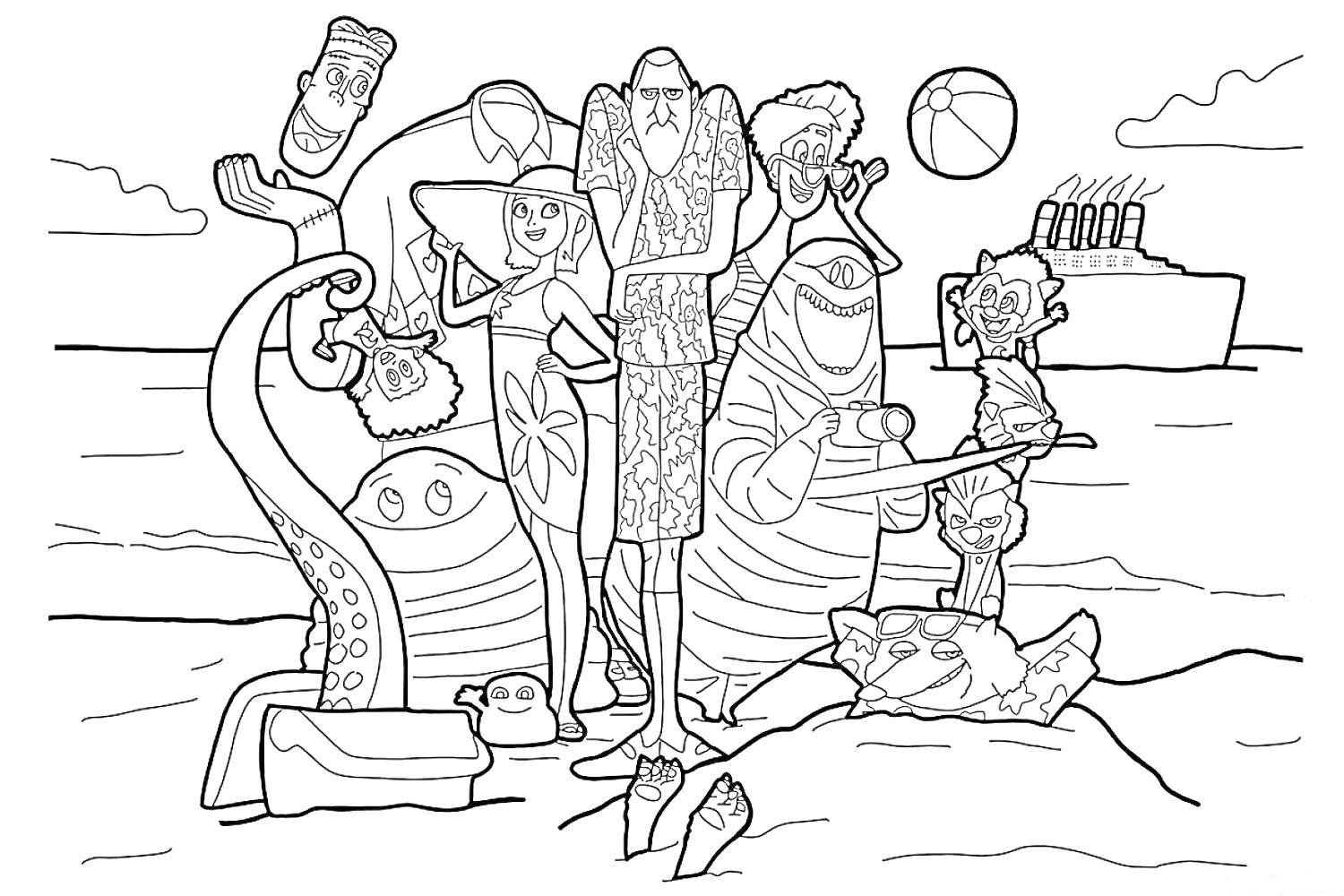 Раскраска Монстры на пляже с мячом и кораблем