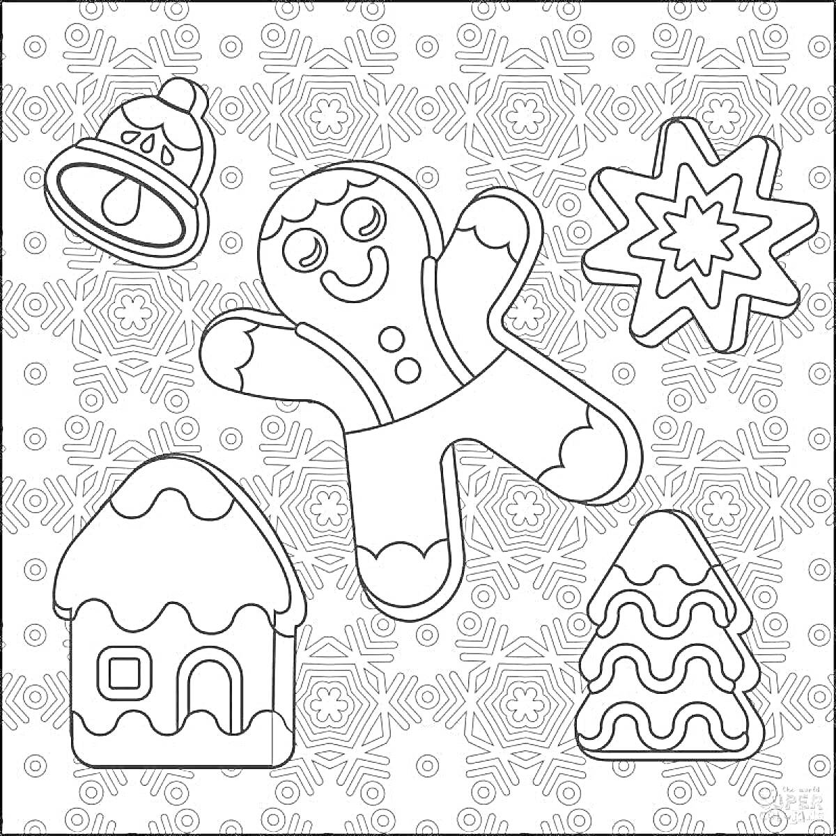 Раскраска Рождественский пряник с колокольчиком, пряничным человечком, звездой, домиком и ёлкой на фоне снежинок