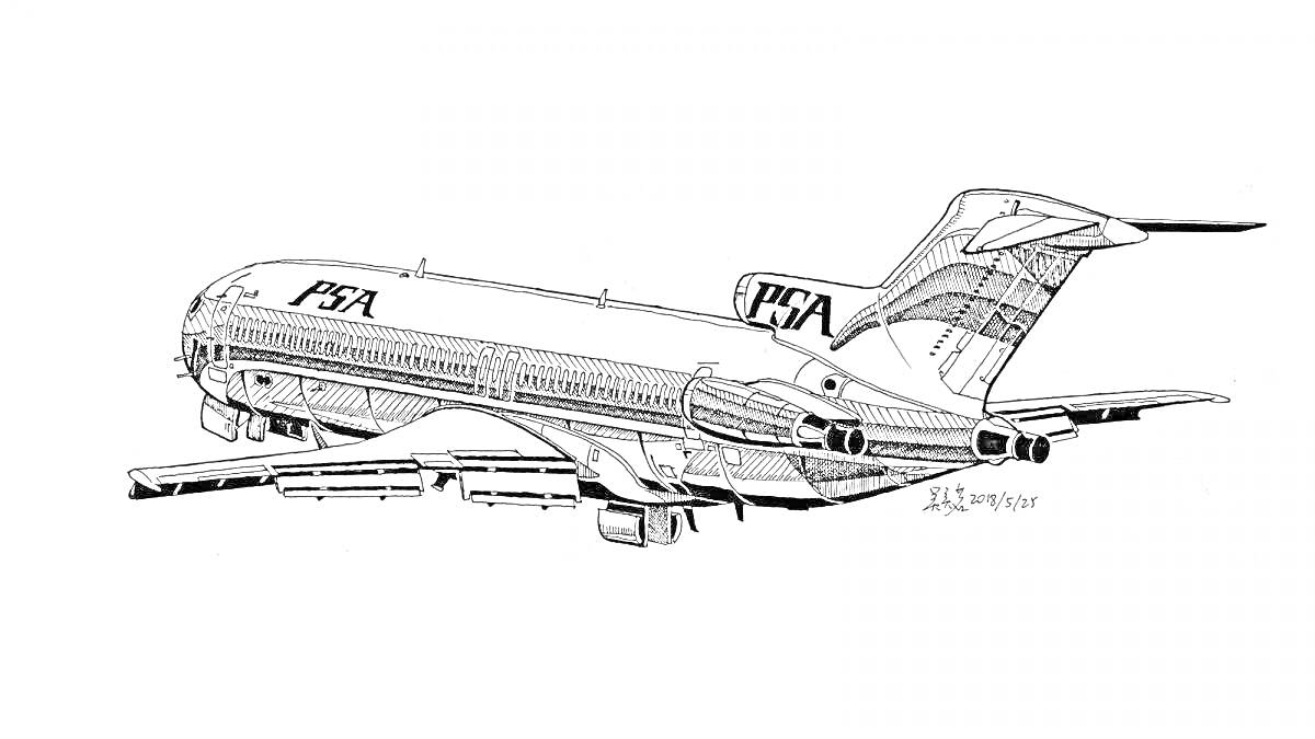 Раскраска Боинг с надписью PSA, крупный пассажирский самолет с двумя турбовентиляторными двигателями сзади, с крылами и шасси.
