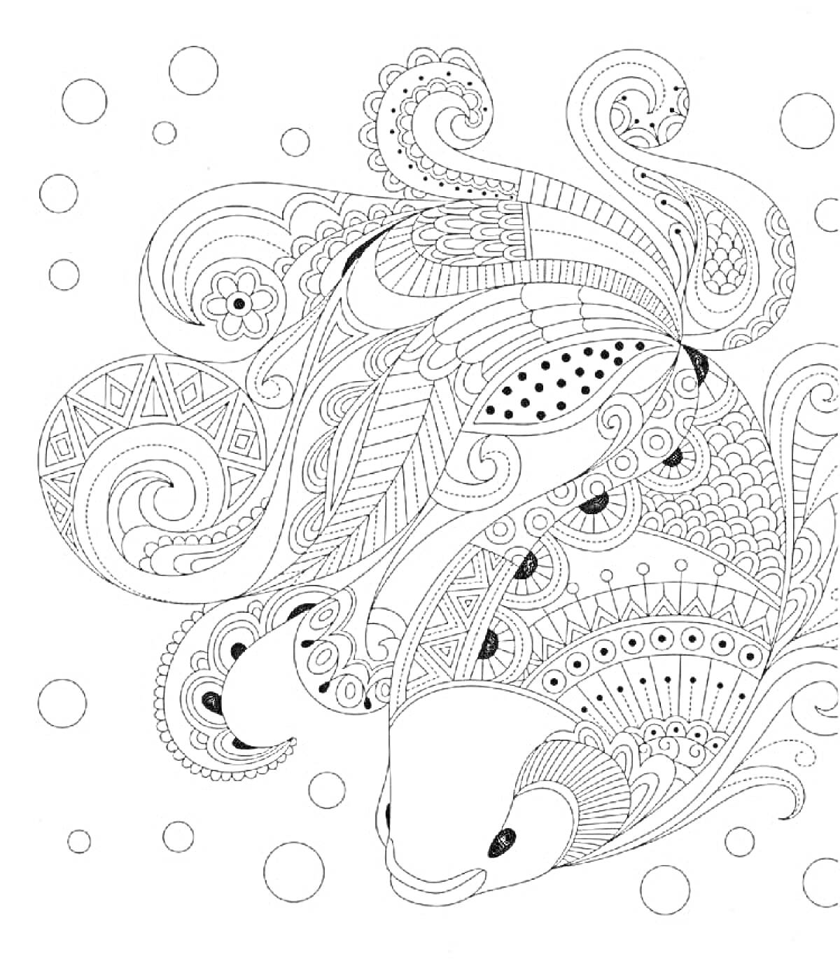 Раскраска Рыба среди абстрактных узоров и пузырьков