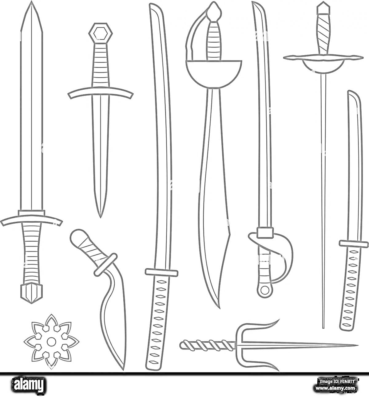 На раскраске изображено: Оружие, Меч, Сабля, Нож, Сюрикен, Клинок
