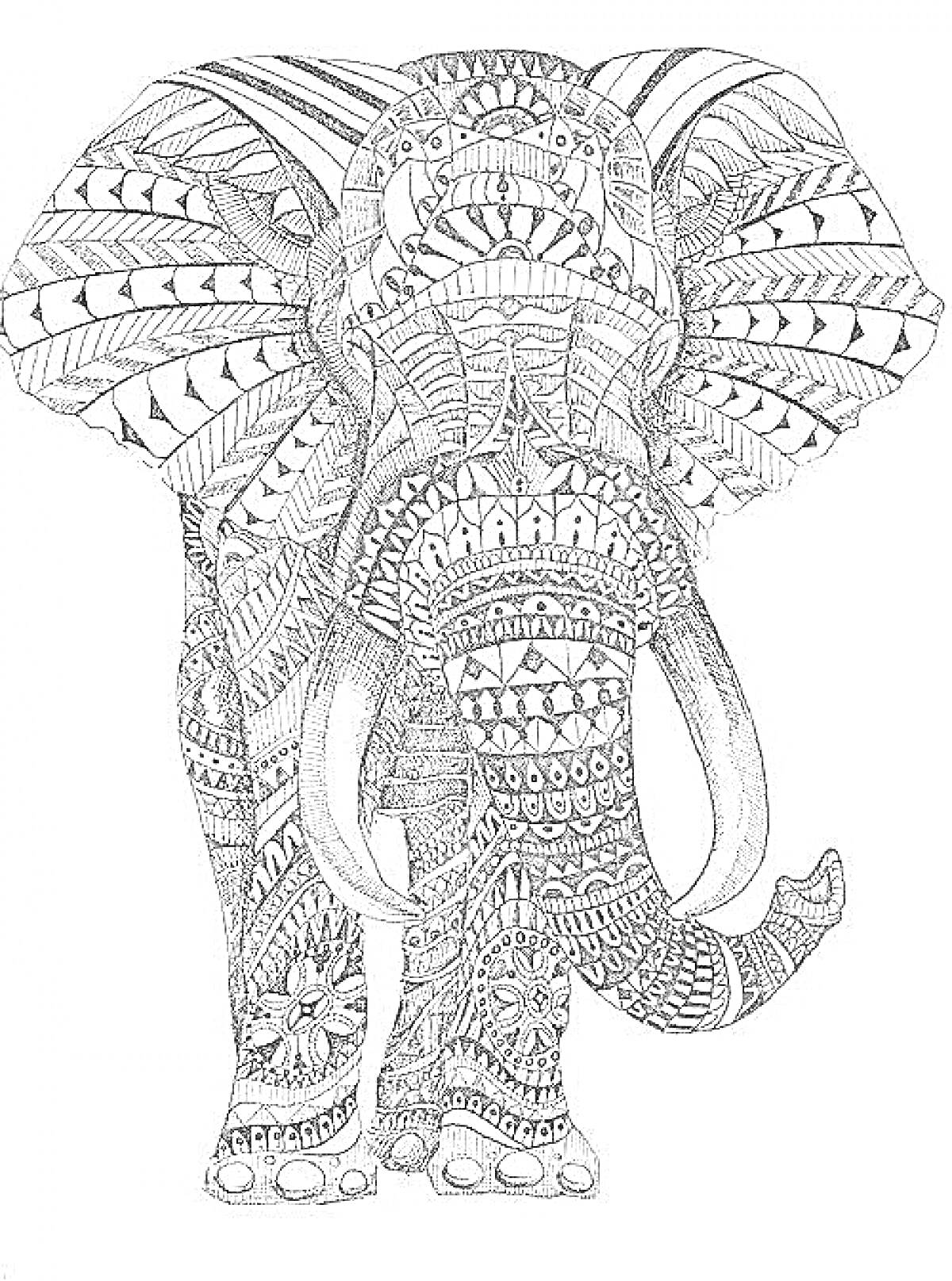 Раскраска Антистресс раскраска: слон с узорами в стиле зентангл, состоящий из различных геометрических и абстрактных элементов, включая листья, круги, линии и треугольники.