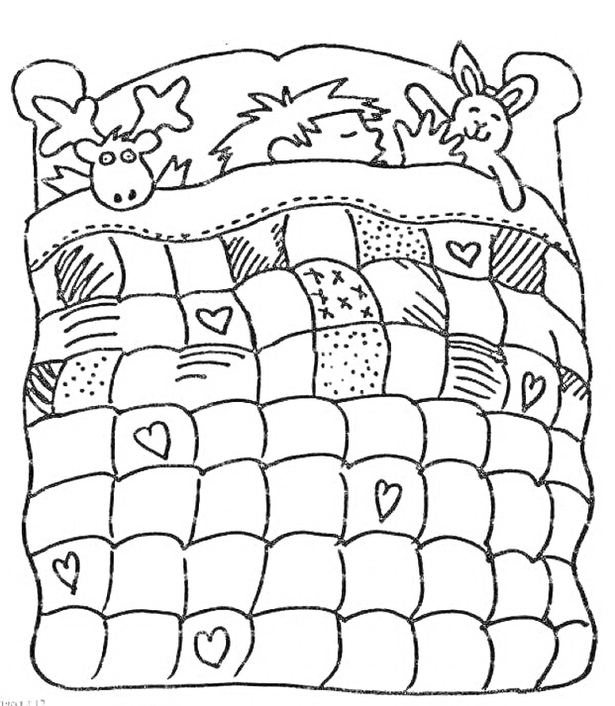 На раскраске изображено: Ребёнок, Сон, Одеяло, Игрушки, Олень, Кролик, Сердце, Кровать, Узоры, Ночь
