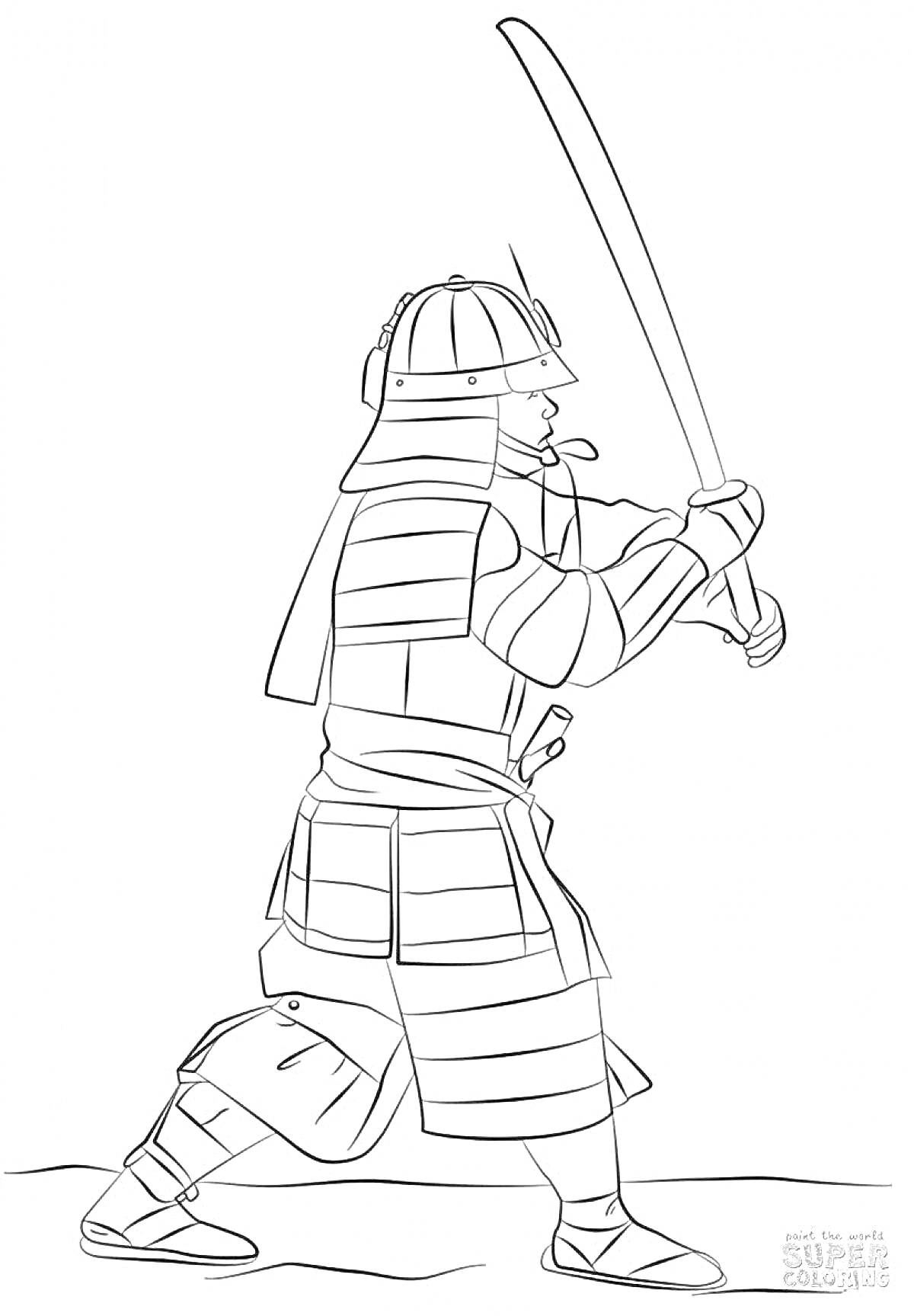 Раскраска Сегун в доспехах с мечом в атакующей позе