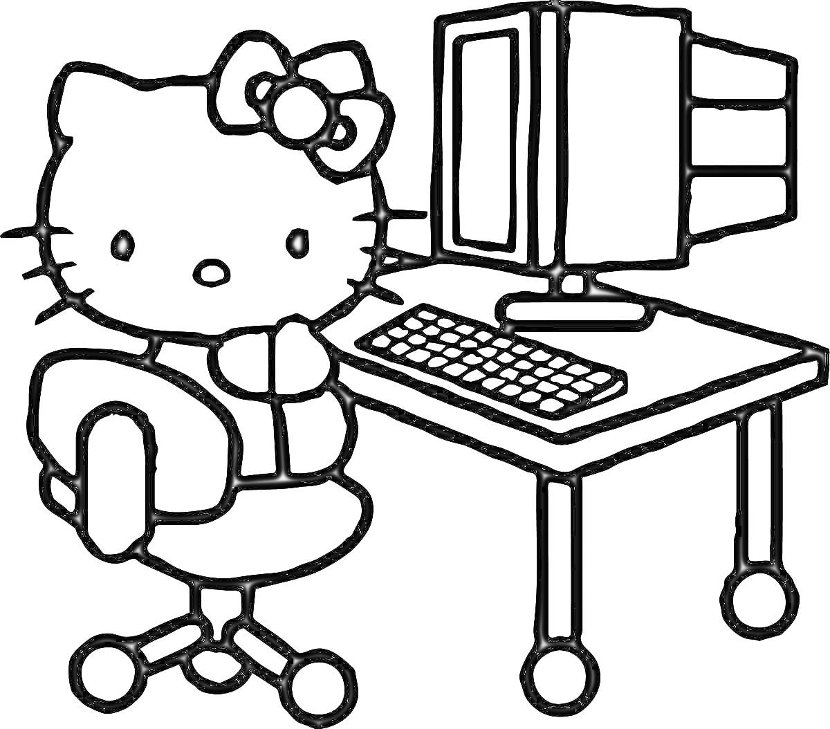 Раскраска Котёнок с бантом сидит на стуле за компьютером (стационарный компьютер, клавиатура, стол)