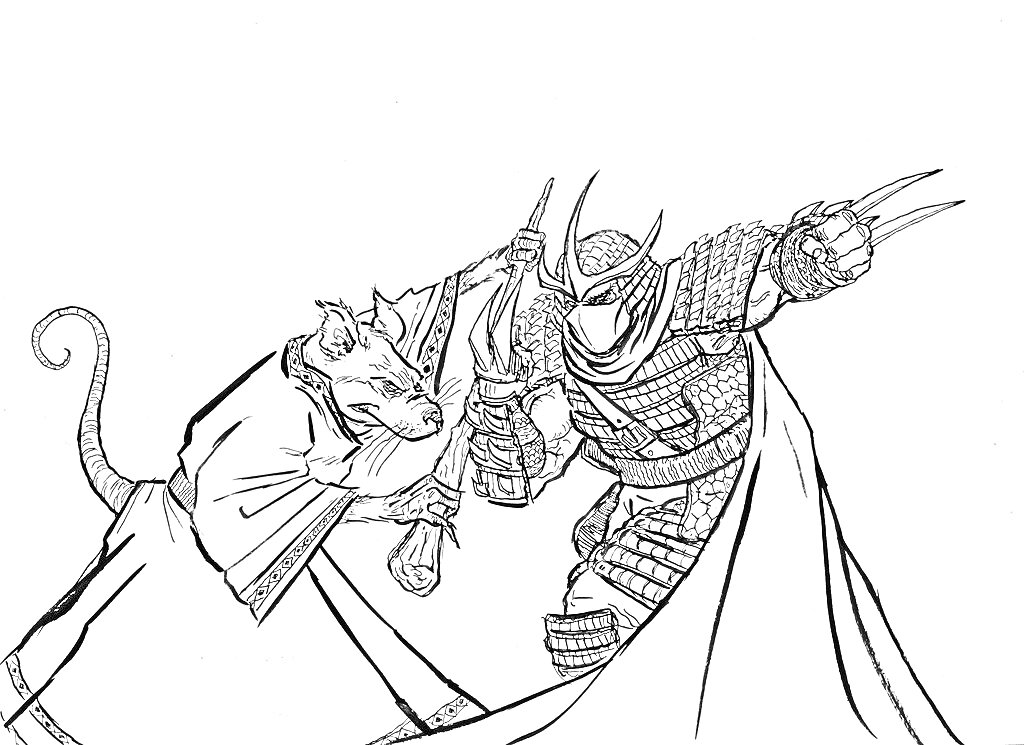 Раскраска Сплинтер в битве с самураем, детализированная сцена схватки с оружием.