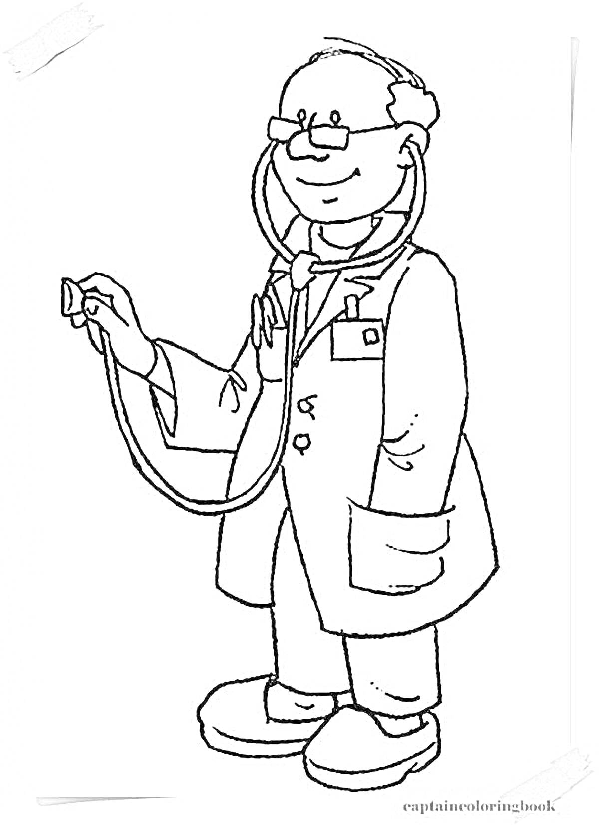 Раскраска Врач с фонендоскопом, одет в халат и очки