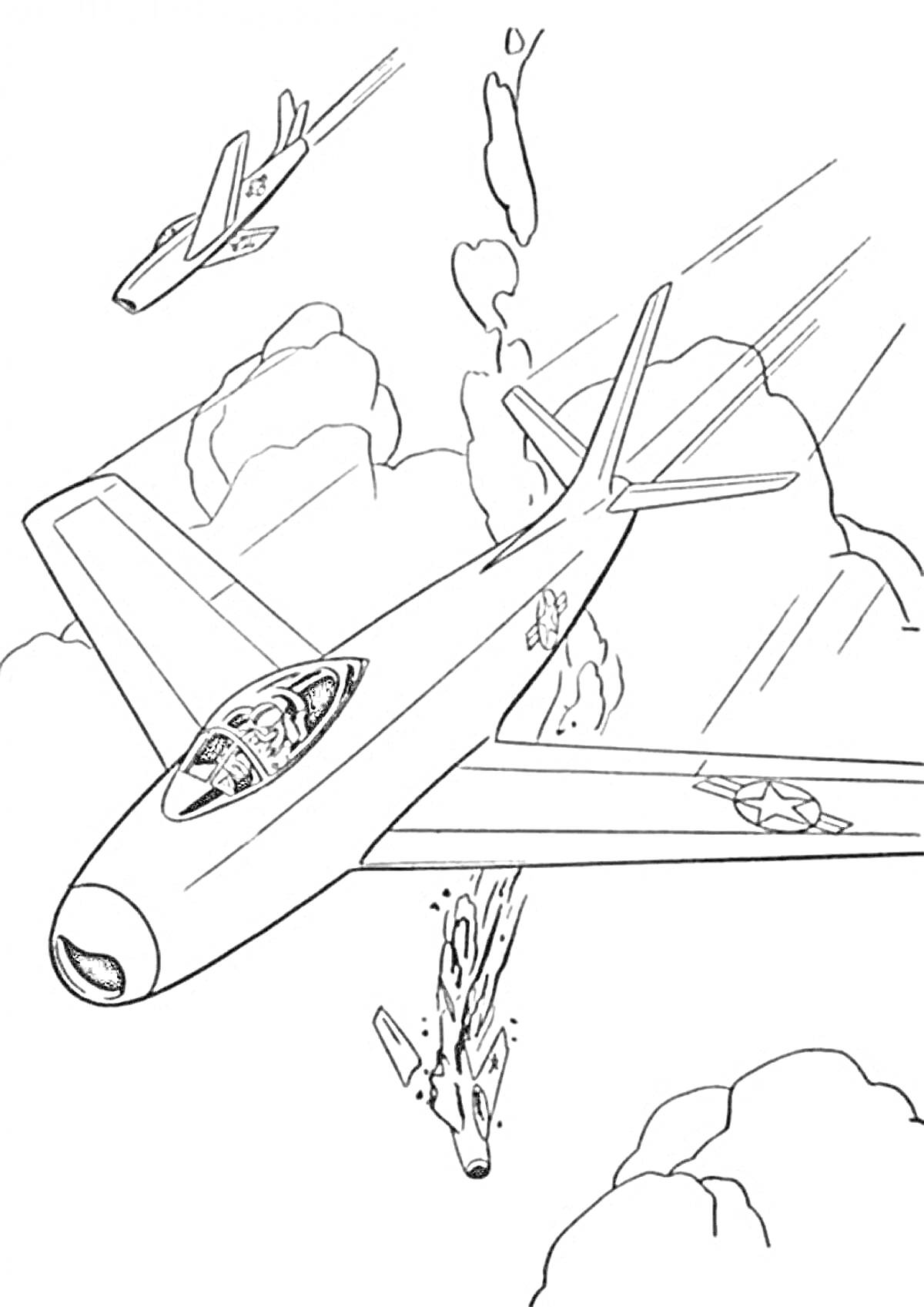 Раскраска Самолеты в небе: три самолета, облака и дым