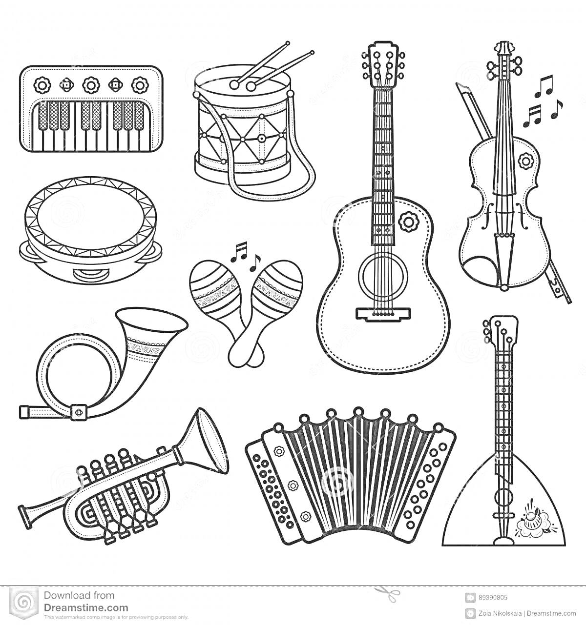 На раскраске изображено: Балалайка, Барабан, Скрипка, Баян, Инструмент, Музыка, Ложка, Гармонь, Треугольники