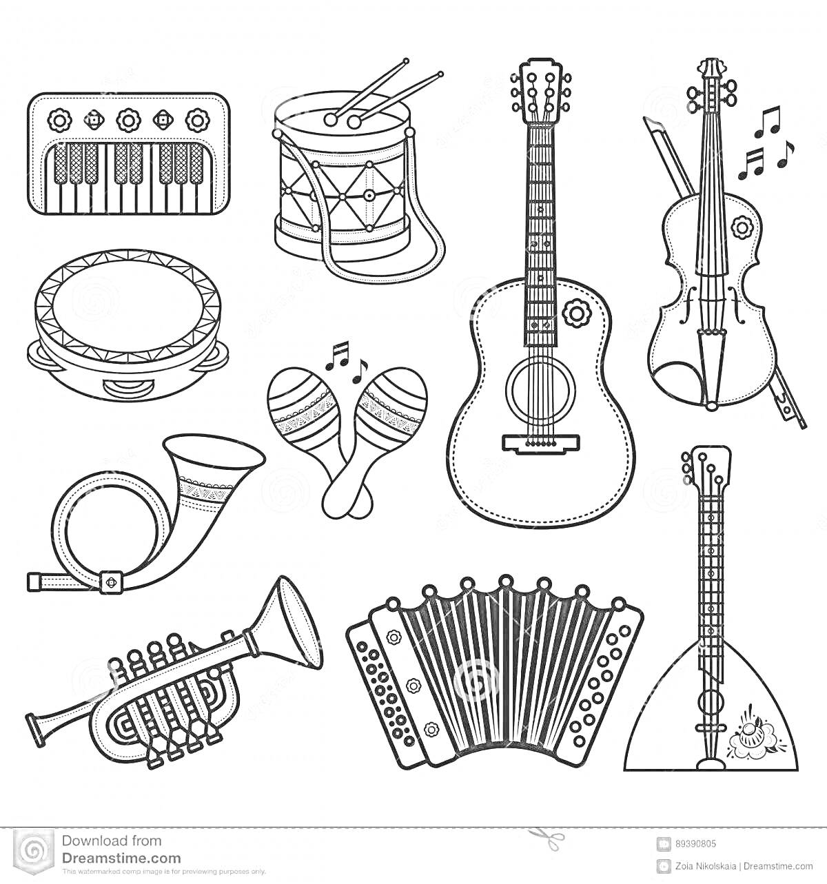 На раскраске изображено: Балалайка, Мандолина, Барабан, Скрипка, Баян, Инструмент, Музыка, Ложка, Гармонь, Треугольники