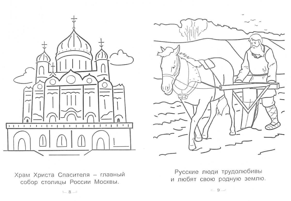 На раскраске изображено: Храм Христа Спасителя, Собор, Столица, Россия, Москва, Лошадь, Поле, Храм, Сельское хозяйство