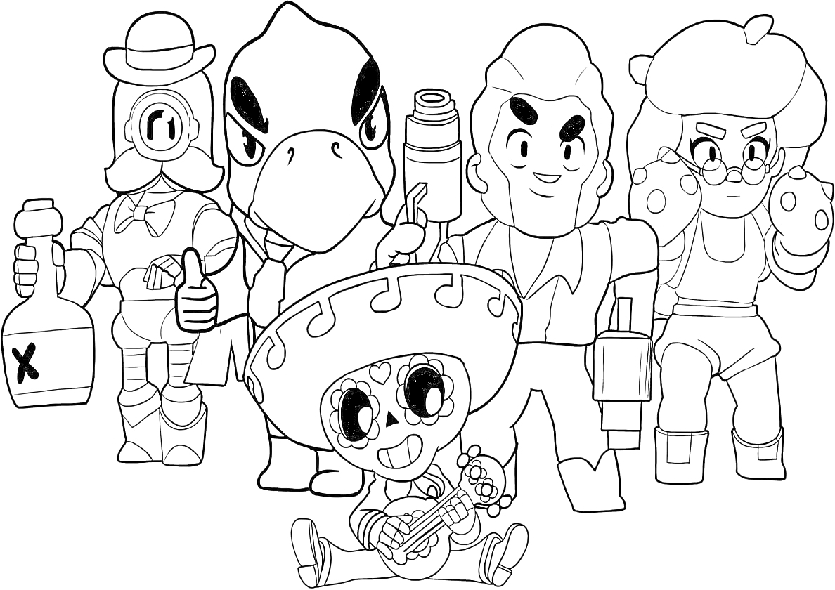 Цветная раскраска с персонажами игры Brawl Stars: Барли, Булл, Рико, Поко и Роза.